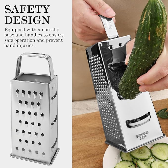 Stainless Steel Vegetable Grater, 4-Sided Portable Metal Grater, Cheese Grater with Handle for Kitchen (8inch) - Image 4