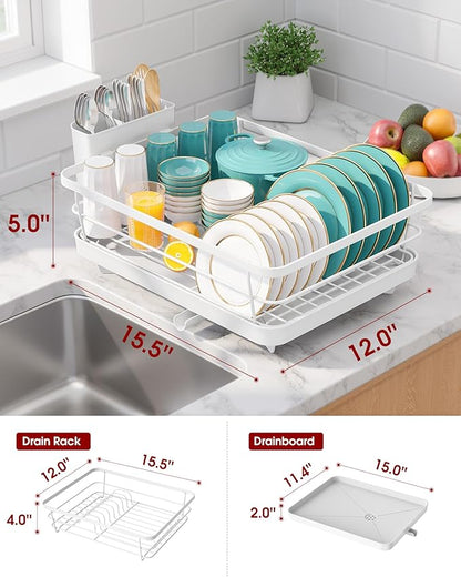Sakugi Stainless Steel Dish Drying Rack for Kitchen Counter, Sink Organization and Storage Essentials with Silverware & Utensil Holder, Home and Apartment Decor, 12''W x 15.5''L, White - Image 3