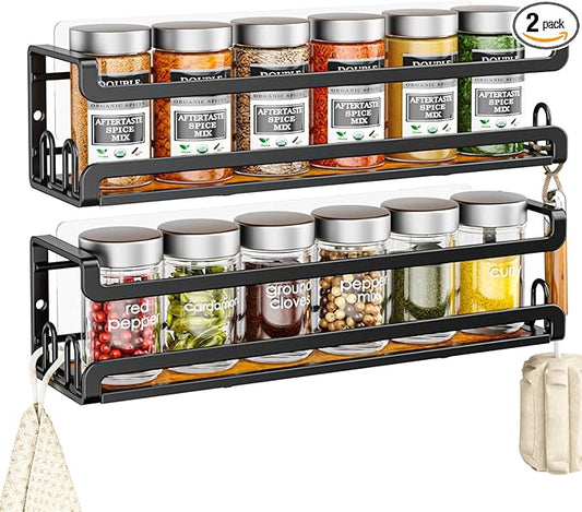 Doakhirmit Wall Mounted Spice Rack with 16 Hooks, Rustic Wood Spice Organizer Shelf for Stove Cabinet Pantry Door,Screw or Adhesive Hanging Spice Shelf,Wall Spice Rack in Kitchen and RV,2 Pack by Unknown