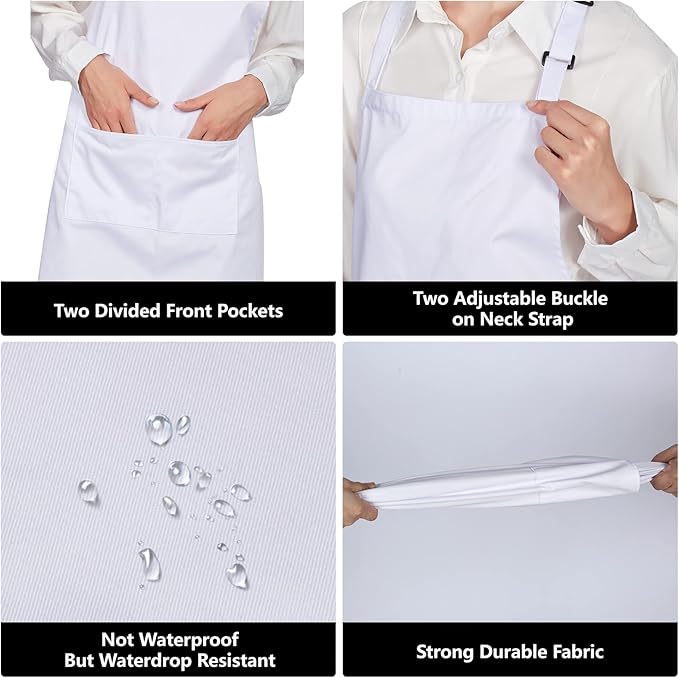 Jubatus 12 Pack 100% Cotton Aprons Bulk with 2 Pockets Cooking Chef Kitchen Adjustable Bib Apron for Women Men, White - Image 5