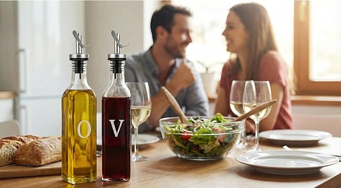 GREENOLIVE Olive Oil and Vinegar Dispenser Set - 17 oz. Glass Bottles with No-Drip BPA-Free Spouts - Stylish O and V Identifiers for Kitchen and Dining Use - Set of 2 - Image 6