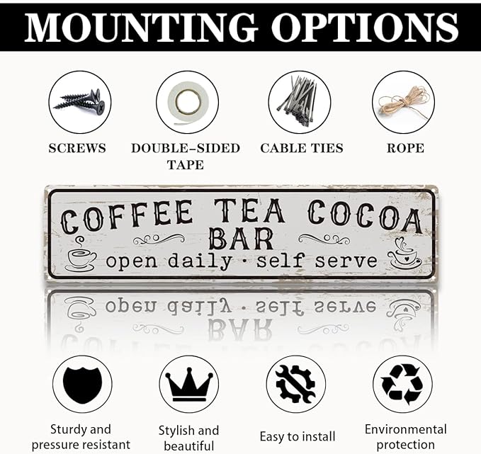 Coffee Signs for Wall, Coffee Tea Cocoa Bar Sign, Retro Metal Tin Sign, Vintage Coffees Bar Decor, Home Decor for Kitchen, Coffees Corner Decoration, Decorative Metal Wall Signs 15.8x4 Inches - Image 3