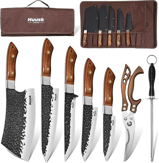 Huusk Butcher Knife Set - Hand Forged Meat Cleaver & Boning Viking Knives & Chef Utility Knives, Japanese Chef Knife Set with Bag for Camping, BBQ, Christmas Gifts for Men Women by HuuskKnife