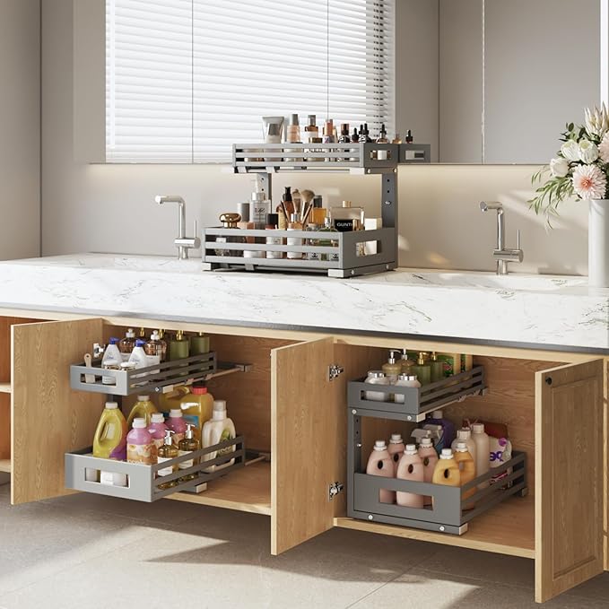 1-Pack Under Sink Organizers and Storage,2-Tier L Shape Pull Out Cabinet Organizer With Round Tube Slide Rails,Hight Adjustable Slide Out Drawers for Kitchen&Bathroom,Multi-Purpose Storage Shelf-Gray - Image 5