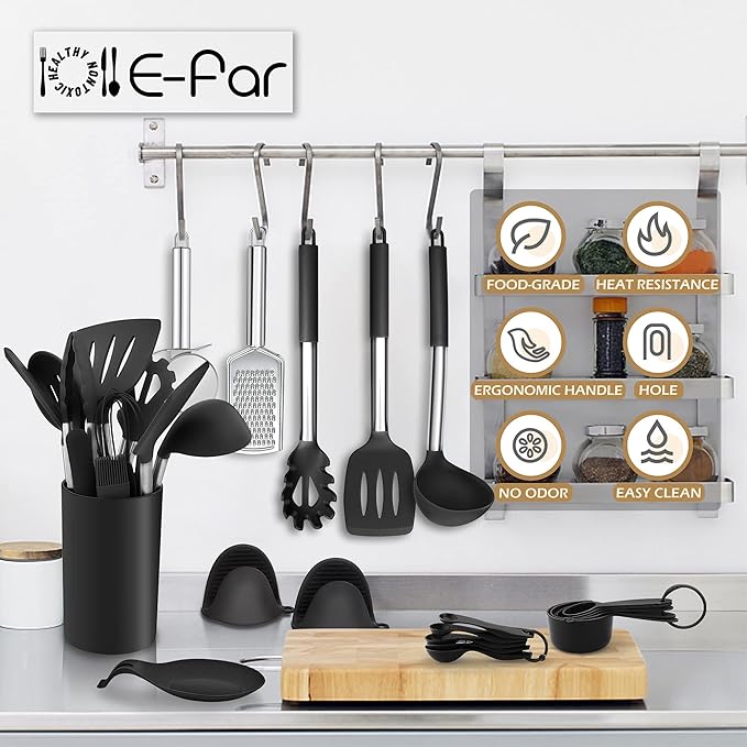Silicone Kitchen Utensils Set, E-far 30-Piece Cooking Utensils Set with Holder, Heat Resistant Kitchen Spatulas Turner Tong Spoon Whisk Ladle for Nonstick Cookware, Stainless Steel Handle (Black) - Image 7