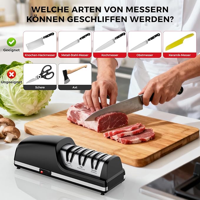 Professional Electric Knife Sharpener, 3-Stage Diamond Abrasive Sharpening System, Replaceable Sharpening Heads, 15° Precision Angle Guide for Kitchen Knives, Quick Blade Repair and Restoration - Image 3