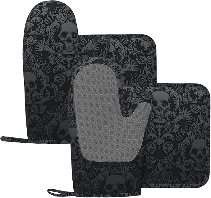 Gothic Skull Oven Mitts and Pot Holders Sets of 4,Resistant Hot Pads with Silicone Non-Slip BBQ Gloves for Kitchen,Cooking,Baking,Grilling
