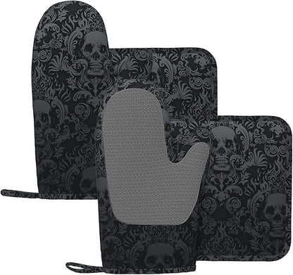 Gothic Skull Oven Mitts and Pot Holders Sets of 4,Resistant Hot Pads with Silicone Non-Slip BBQ Gloves for Kitchen,Cooking,Baking,Grilling