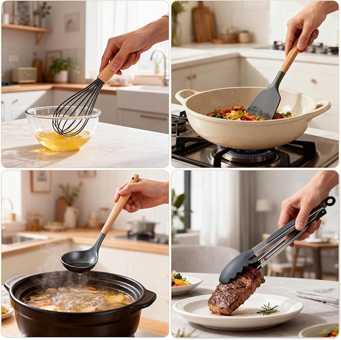 Silicone Cooking Utensil Set,12 PCS Cooking Kitchen Utensils Set, Nonstick Kitchen Utensils 446°F Heat-Resistant Cookware Kitchen Tools of Spoon,Brush,Whisk,Spatula,Turner Tongs (Gray) - Image 7