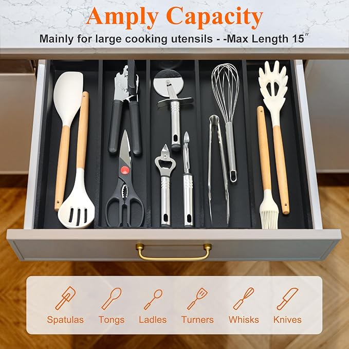 Expandable Large Kitchen Utensil Drawer Organizer Storage Black Bamboo Silverware Organizers Tray Divider Adjustable Spoon Flatware Organizer Wood Cutlery Tray Cooking Utensils Tool Holder Drawer - Image 3