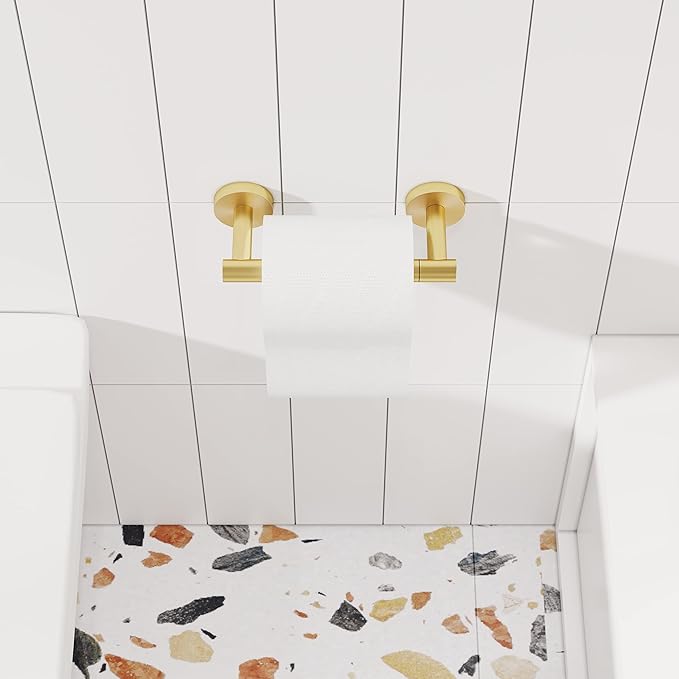 RARXTR Gold Toilet Paper Holder SUS304 Stainless Steel Double Post Pivoting Toilet Paper Roll Holder Wall Mounted Toilet Tissue Holder for Commercial Bathroom RV Brushed Brass Finish
