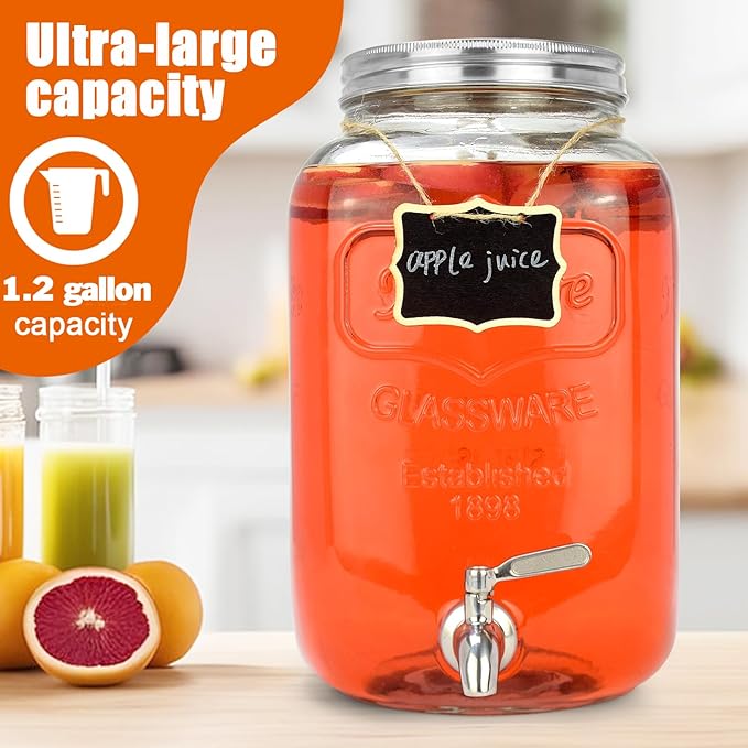 DD&HAPP Glass Drink Dispensers For Parties.1.2 Gallon Beverage Dispensers With Stand And Stainless Steel Spigot.Party Drink Dispenser For Punch,Iced Tea,Ideal for Weddings,Events,Buffet&Home Use. - Image 2