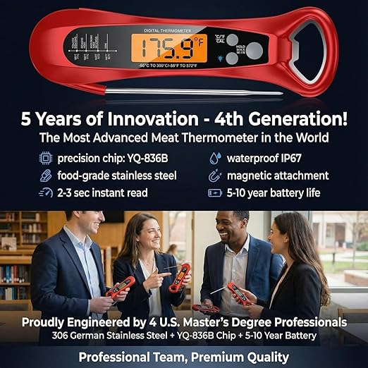 Therm Pro® Chef Meat Thermometer Digital, 1 Sec Instant Read, NIST® Certified Accurate to ±0.5℉, Ultra Bright LED Screen, IP67, Auto-Rotate, for BBQ, Turkey, Candy, Liquids Valentine's gift Cherry Red