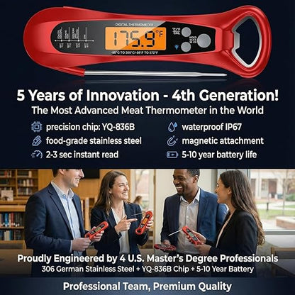 Therm Pro® Chef Meat Thermometer Digital, 1 Sec Instant Read, NIST® Certified Accurate to ±0.5℉, Ultra Bright LED Screen, IP67, Auto-Rotate, for BBQ, Turkey, Candy, Liquids Valentine's gift Cherry Red