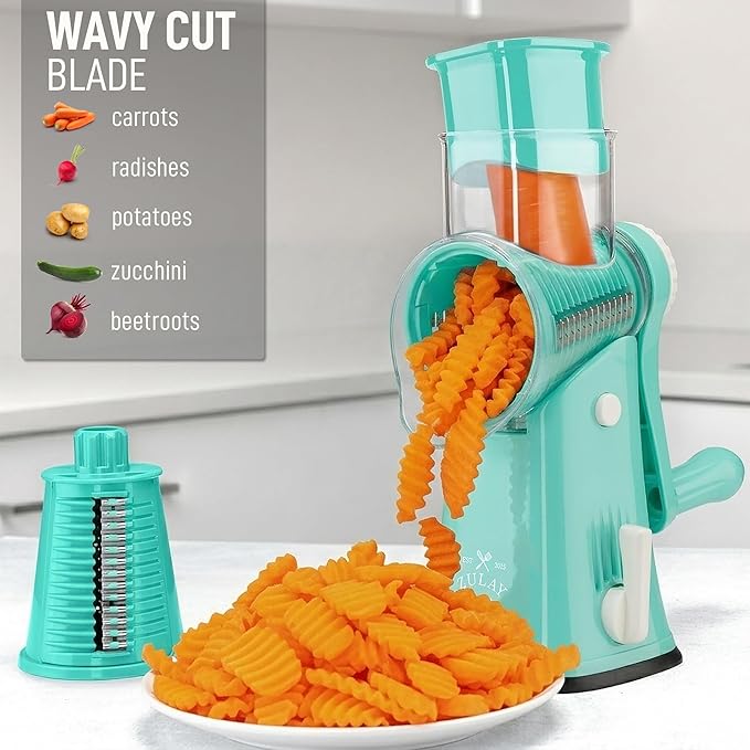 Zulay Kitchen Rotary Cheese Grater 5 Blade Cheese Shredder - Manual Hand Crank Cheese Grater With Reinforced Suction & 5 Interchangeable Drums - Easy to Use, Vegetable Chopper Round Mandoline Slicer - Image 4
