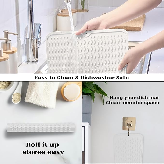 ZLR Silicone Dish Drying Mat & Heat Resistant Trivet (12" x 16") - Waterproof Counter Protector for Air Fryer, Coffee Maker - Non-Slip, BPA Free Kitchen Pad, Easy Clean Dishwasher Safe (Milk White) - Image 4