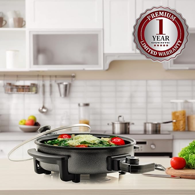 OVENTE 11.5-Inch Electric Skillet & Frying Pan, 1400W Nonstick Cooking Pan with Adjustable Temperature Control, Tempered Glass Lid with Steam Vent, Cool-Touch Handles, Easy-Clean Black SK11112B - Image 8