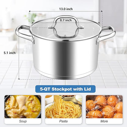 Homikit 5 Quart Stock Pot, Stainless Steel Soup Cooking Pot with Lid for Pasta Sauce Simmering Steaming Stewing, Tri-ply Heavy Bottom Induction Pot, Dishwasher Safe - Image 2