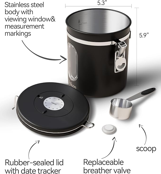 Veken Coffee Canister with Window, Airtight Stainless Steel Kitchen Food Storage Container with Lids, Date Tracker and Scoop for Grounds Coffee, Beans, Tea, Flour, Cereal, Sugar Jars, 16OZ, Black - Image 6