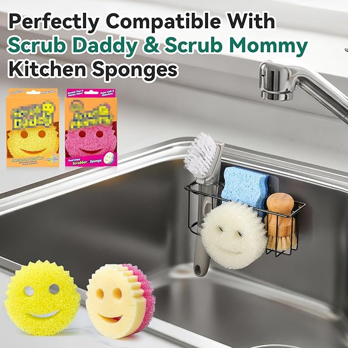 3-IN-1 Multiuse Sponge Holder for Kitchen Sink, Sponge Caddy for Scrub Daddy/Scrub Mommy Smiley Face, Sink Organizer Accessories for Dish Brush, Scrubber - with 2 Suction Cups & 1 Adhesive Hook - Image 6