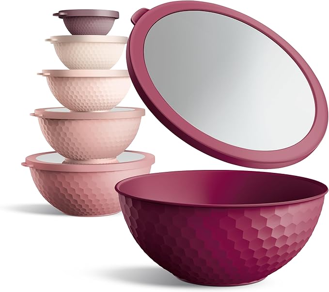 COOK WITH COLOR Mixing Bowls with Lids - 12 Piece Plastic Nesting Bowls Set includes 6 Prep Bowls and 6 Lids, Microwave Safe Mixing Bowl Set, Rose Embossed - Image 2