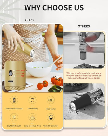 CIRCLE JOY 2-Speed Gravity Electric Pepper Grinder, Rechargeable Salt Grinder Pepper Mills, Adjustable Coarseness, White LED Light, 135ML Large Capacity, Gold - Image 2