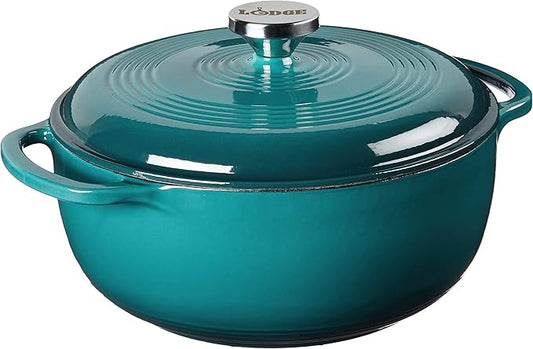 Lodge 4.5 Quart Enameled Cast Iron Dutch Oven with Lid – Dual Handles – Oven Safe up to 500° F or on Stovetop - Use to Marinate, Cook, Bake, Refrigerate and Serve – Lagoon by Lodge