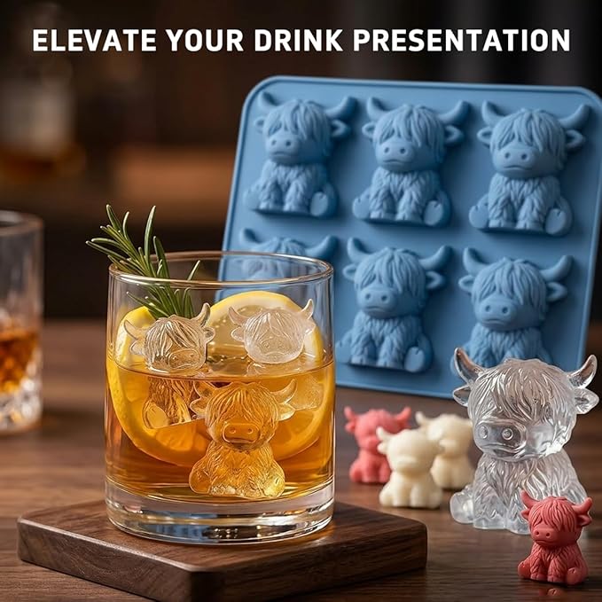 Mini Highland Cow Ice Cube Mold - Cute 3D Silicone Tray for Whiskey, Cocktails & Party Drinks, Fun Cow-Shaped Ice Maker for Bar, Home, Birthday Gift for Cow Lovers