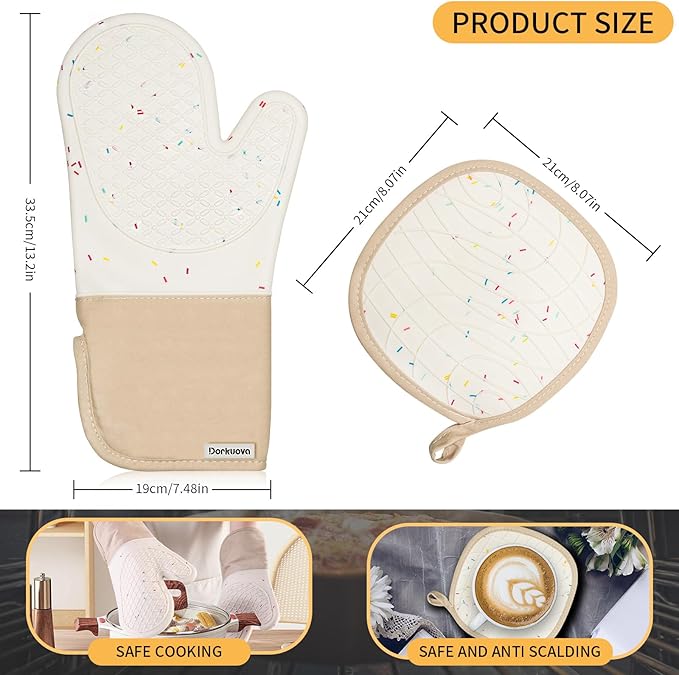 Oven Glove Cute,Cooking Mittens,Oven Mittens for Kitchen,Oven Gloves for Kitchen,Washable Silicone Oven Mitts Heat Resistant 500°F, Potholders for Kitchens Cooking Baking(Cream - Image 2