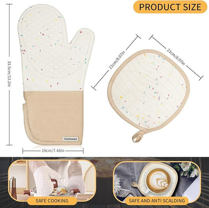 Oven Glove Cute,Cooking Mittens,Oven Mittens for Kitchen,Oven Gloves for Kitchen,Washable Silicone Oven Mitts Heat Resistant 500°F, Potholders for Kitchens Cooking Baking(Cream - Image 2