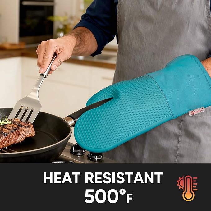 YUTAT Silicone Oven Mitts,High Heat Resistant Up to 500 Degrees,Waterproof Cooking Gloves with Soft Polyester Filling,Kitchen Potholder Set - Perfect for BBQ, Baking and Cooking,Green,2 Pcs Set - Image 7