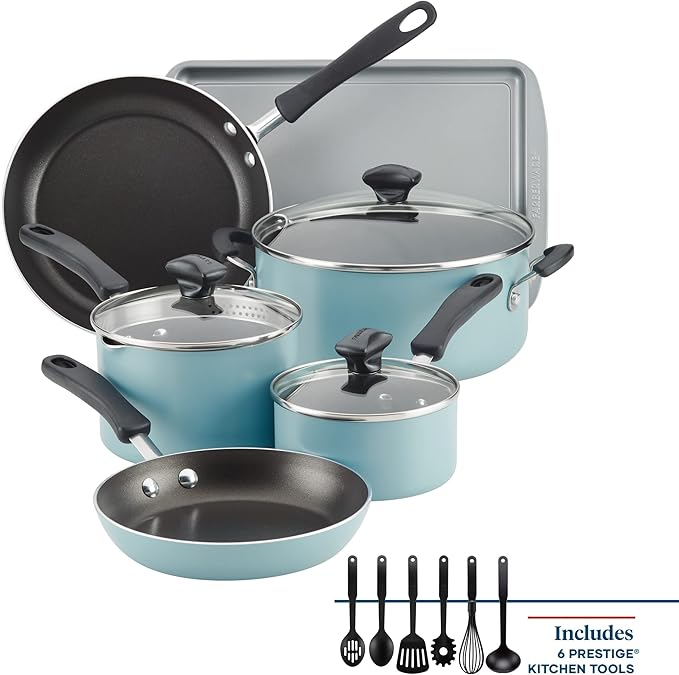 Farberware Cookstart DiamondMax Nonstick Cookware/Pots and Pans Set, Dishwasher Safe, Includes Baking Pan and Cooking Tools, 15 Piece - Aqua - Image 3