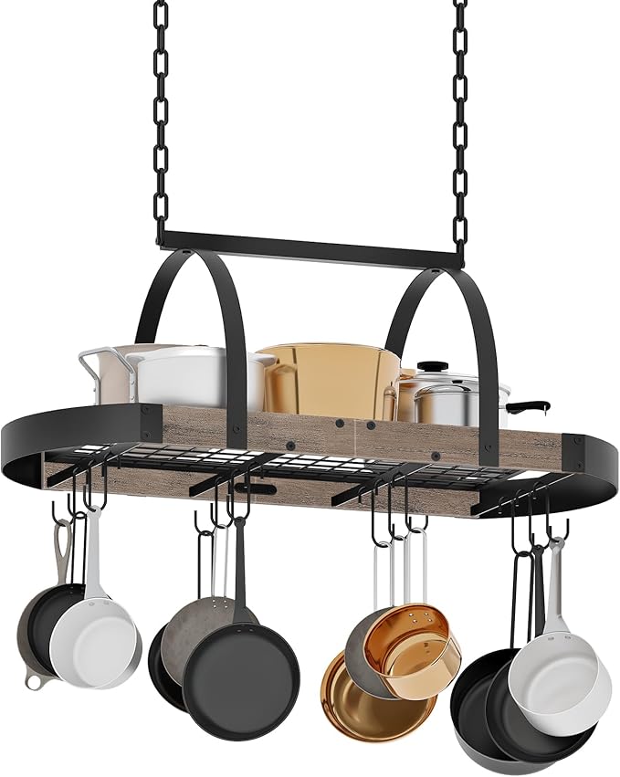 CHOEZON Hanging Pot Rack, Pot Hanger for Kitchen, Ceiling Mounted Pot Holder, Cookware Organizer with 12 S-Shaped Hooks, for Pot, Pan Storage, Space-Saving, Greige and Black TPR08BGC1 - Image 8