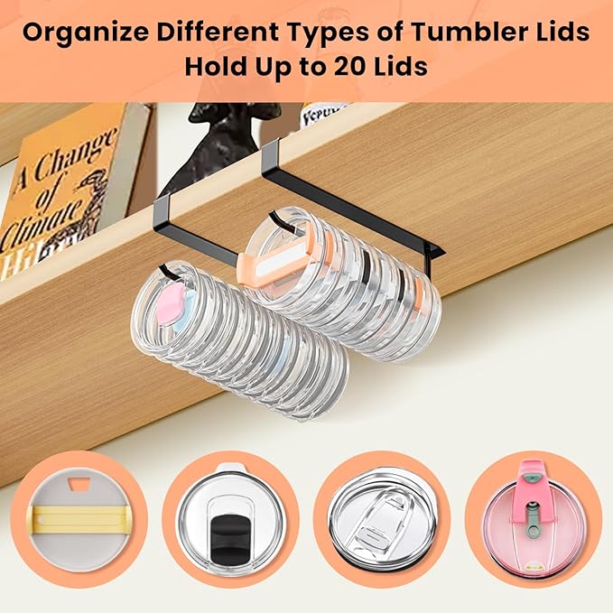 2 Pack Large Tumbler Lid Organizer, Under Cabinet Cup Lid Holder for Yeti Insulated Mug/Stanley Insulated Mug/Simple Modern Insulated Mug Lid, No Gluing, No Drilling, Up to 10 Lids (Black) - Image 5