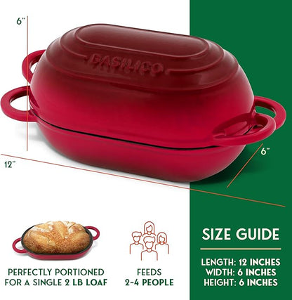Enameled Cast Iron Bread Oven 2 Qt (Red), Non-Stick Single Loaf Cast Iron Bread Pan with Lid, Easy Homemade Sourdough Dutch Oven, Oven-Safe Artisan Bread Baking Pan