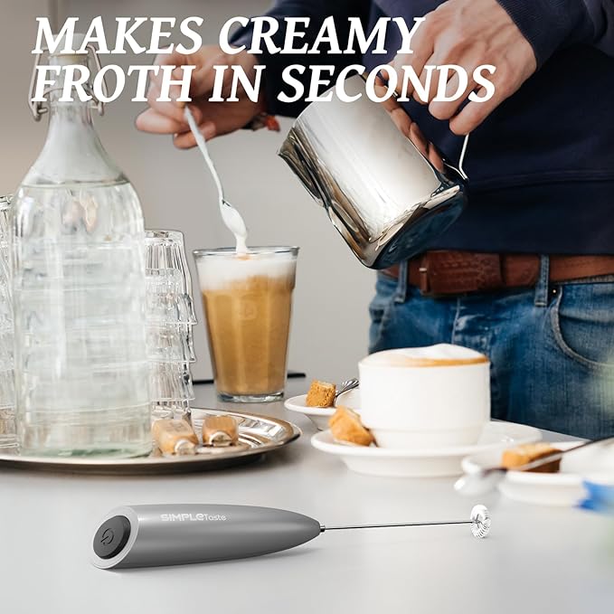 SIMPLETASTE Milk Frother Handheld Electric Foam Maker, Drink Mixer with Stainless Steel Whisk for Cappuccino, Bulletproof Coffee, Latte, Silver, without Stand, Battery Operated - Image 3