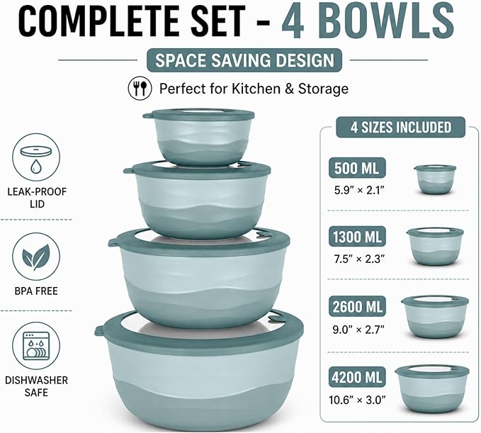 Pera Mixing Bowls with Lids Set, 8 Piece (4 Bowls + 4 Airtight Lids), BPA Free Nesting Kitchen Bowl Set for Mixing & Food Storage, Microwave & Dishwasher Safe (Blue)