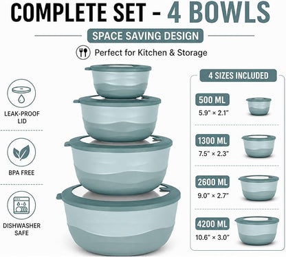 Pera Mixing Bowls with Lids Set, 8 Piece (4 Bowls + 4 Airtight Lids), BPA Free Nesting Kitchen Bowl Set for Mixing & Food Storage, Microwave & Dishwasher Safe (Blue)