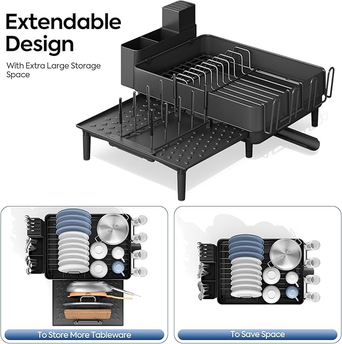Expandable Dish Rack with Drainboard - Stainless Steel Dish Drainer with Removable Cutlery Tray, Foldable Cup Holder, Elevated Feet, Multifunctional Drainboard for Sink Countertop Kitchen Storage - Image 4