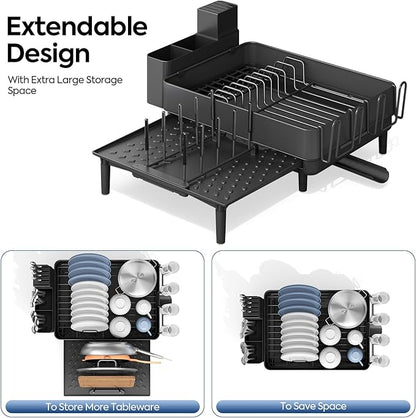 Expandable Dish Rack with Drainboard - Stainless Steel Dish Drainer with Removable Cutlery Tray, Foldable Cup Holder, Elevated Feet, Multifunctional Drainboard for Sink Countertop Kitchen Storage - Image 4