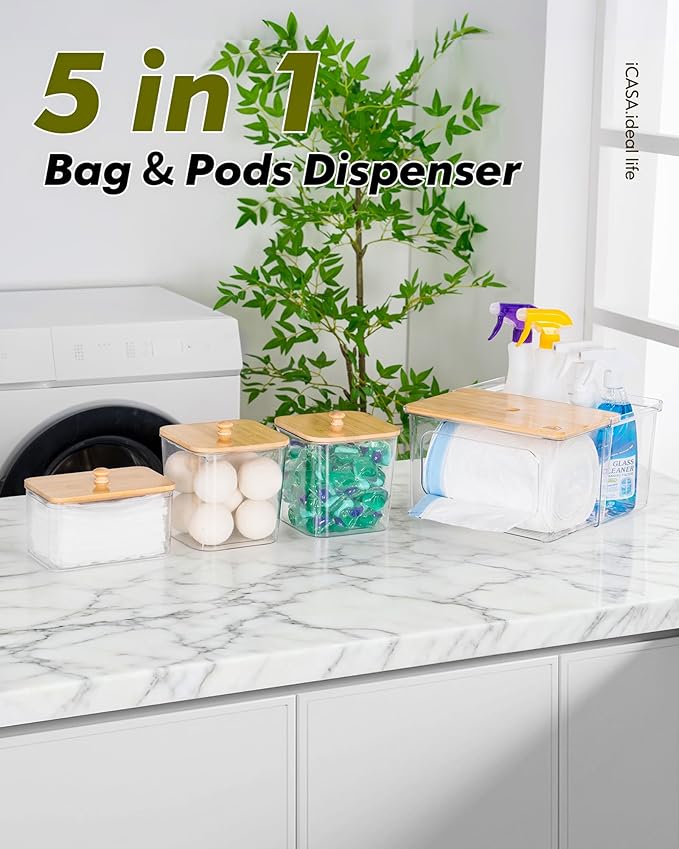 iCASA Trash Bag Dispenser Dishwasher Pod Holder - 5 in 1 Plastic Garbage Bag Under Sink Organizer, Acrylic Dryer Sheet Balls Laundry Pods Container with Bamboo Lid, Pantry Organizers and Storage Box - Image 2