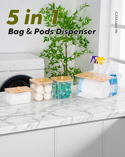 iCASA Trash Bag Dispenser Dishwasher Pod Holder - 5 in 1 Plastic Garbage Bag Under Sink Organizer, Acrylic Dryer Sheet Balls Laundry Pods Container with Bamboo Lid, Pantry Organizers and Storage Box - Image 2