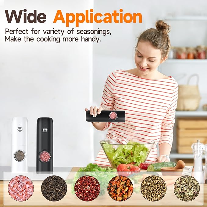Electric Salt and Pepper Grinder Set (2 Pack), USB Rechargeable One Hand Operation, Adjustable Coarseness Mill Grinders Shakers LED Light, Automatic Pepper Grinder for Kitchen Gadgets Gifts - Image 6