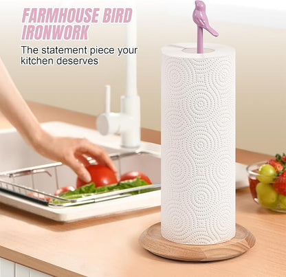 Wooden Paper Towel Holder countertop, Stylish Bird Shaped,Solid Wood Base&Iron Top, with Non-Slip Mat, Stable&Durable,Paper Towel Holder Farmhouse Style to Elevate Your Kitchen's Décor (Pink) - Image 2