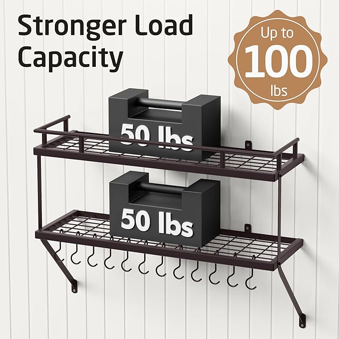 KES 30-Inch Oiled Bronze Pot Rack Wall Mounted, 2-Tier Hanging Pot and Pan Organizer with 12 Sturdy Hooks, Kitchen Wall Hanger Shelves Farmhouse Style, KUR215S75B-OB - Image 4