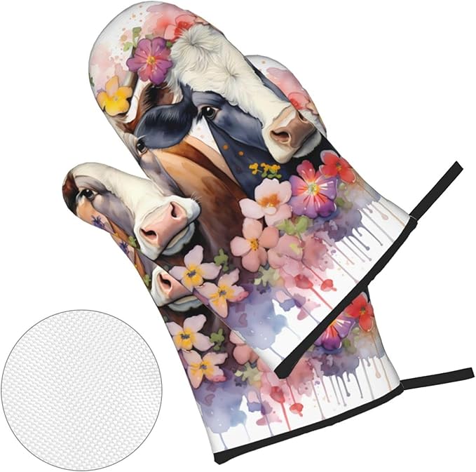 Watercolor Cows Oven Mitts and Pot Holders Sets Daisy Flower Kitchen Oven Gloves Heat Resistant 500 Degrees Oven Mitt and Hot Pad for Cooking BBQ Baking Grilling - Image 2