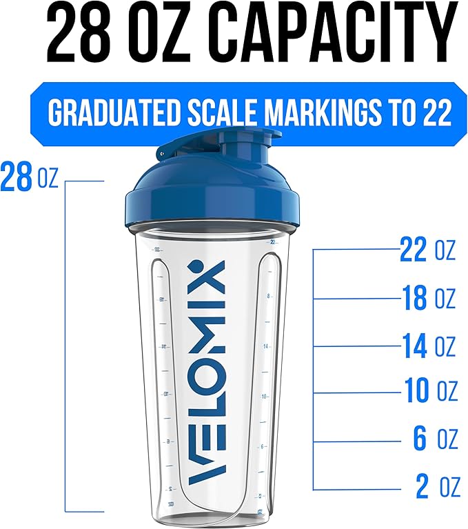VELOMIX -2 Pack- 28 oz Protein Shaker Bottles for Protein Mixes - 2x Wire Whisk | Leak Proof Shaker Cups for Protein Shakes and Pre Workout | Protein Shaker Bottle Pack (B5) Blue/Transparent