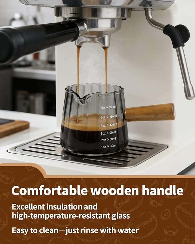 2 Pack Espresso Measuring Cup, 6oz Borosilicate Glass Espresso Cups with Wood Handle, V-Shaped Spout Milk Frothing Cup for Coffee, Tea, Syrup – Dishwasher Safe