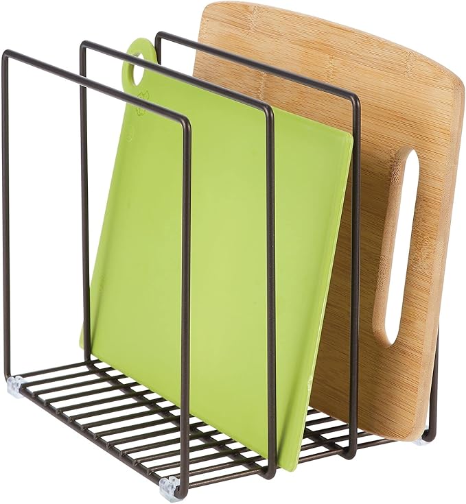 mDesign Steel Storage Tray Organizer Rack for Kitchen Cabinet - Divided Holder with 3 Slots for Skillets, Frying Pan, Pot Lids, Cutting Board, Baking Sheets - Concerto Collection - Bronze - Image 5
