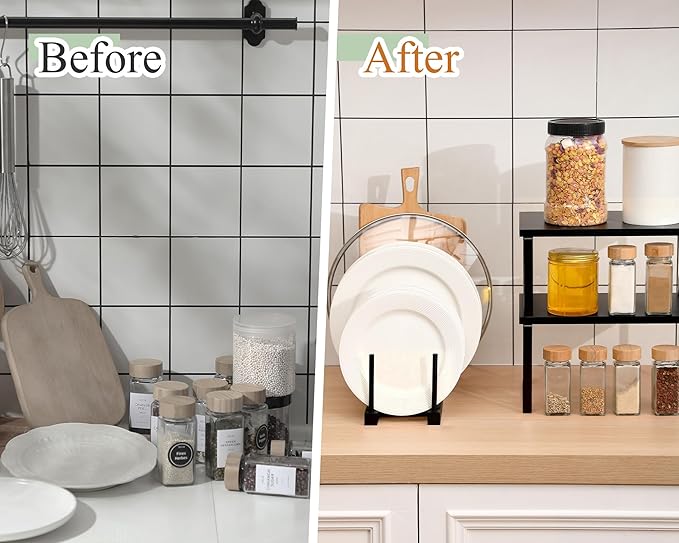 Marsui 4 Pcs Kitchen Organizer Accessories Set Cabinet Organizer Shelf and Bamboo Dish Drying Plate Rack Counter Shelves Storage Holder for Spice Rack, Dish, Pot Lid, Bowl, Cup (Black) - Image 3